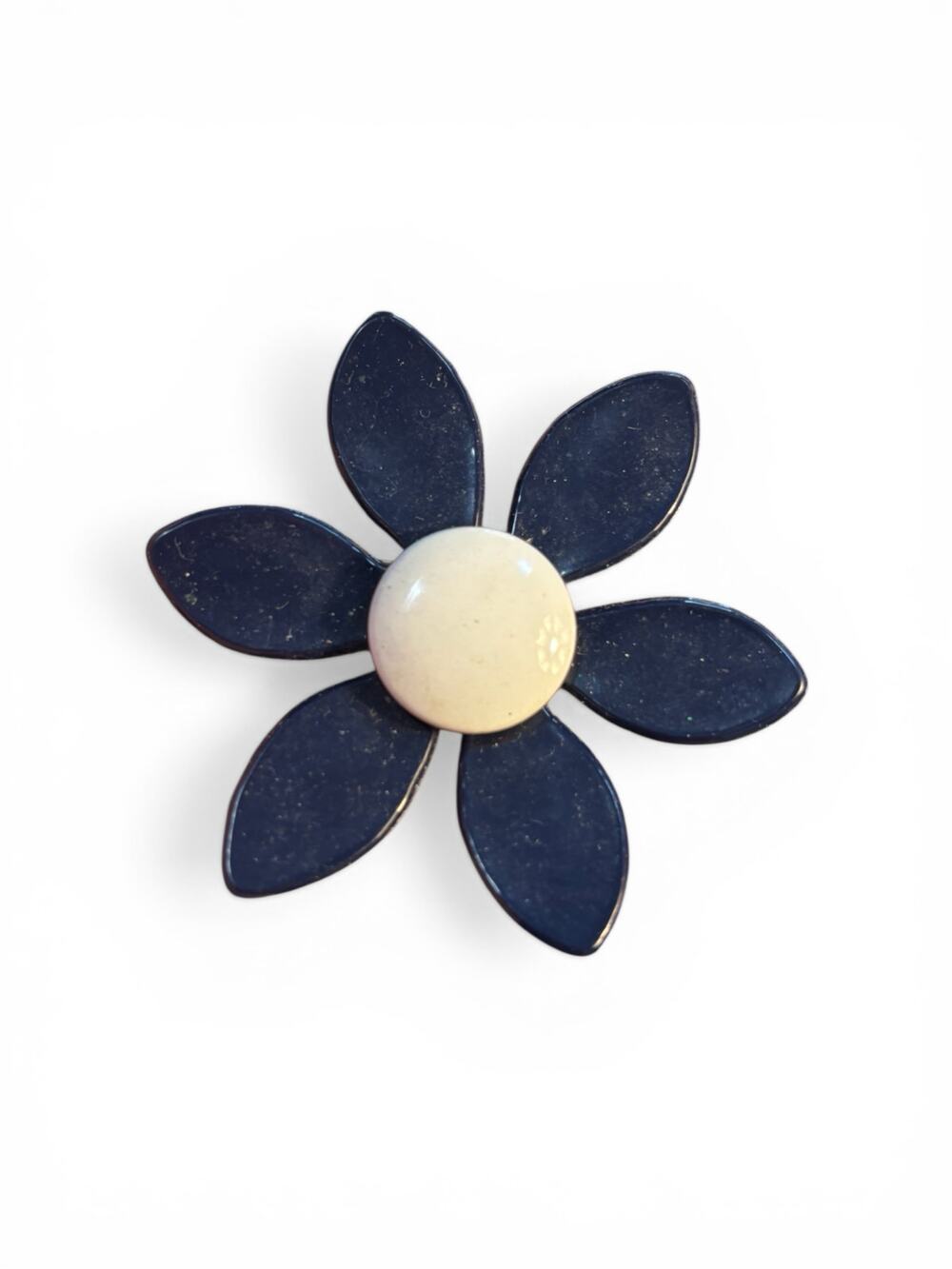 Vintage Navy Blue Flower Brooch Faux Leather Petals Cream Center Mod Daisy Pin